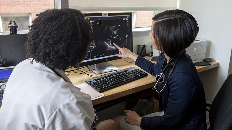 Dr. Jennifer Ho meets with a Cardiovascular Disease Fellow. Dr. Jennifer Ho meets with a Cardiovascular Disease Fellow.